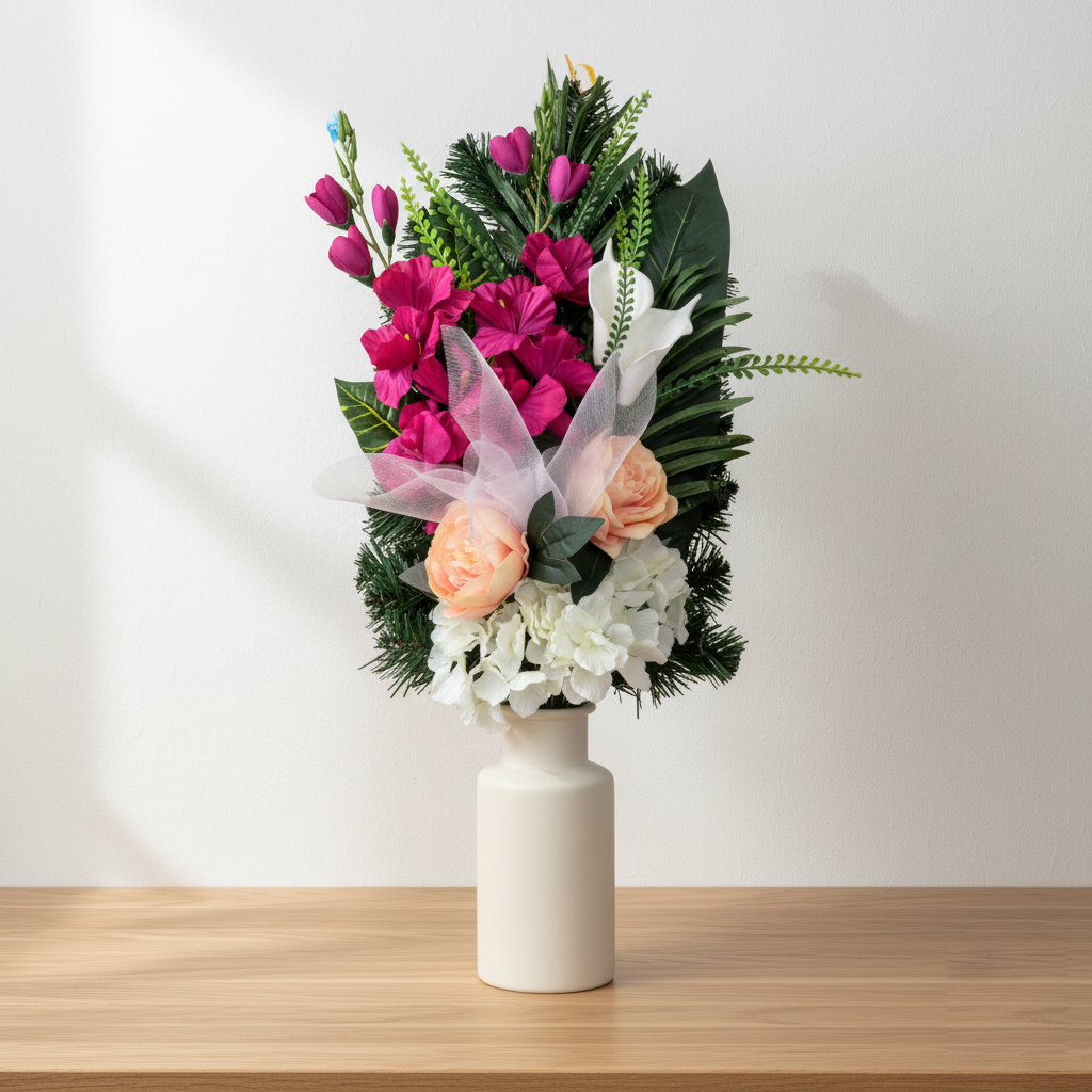 Memoria No. 73 – Künstlicherstrauß Gladiolen · Calla · Hortensie · Pfingstrose