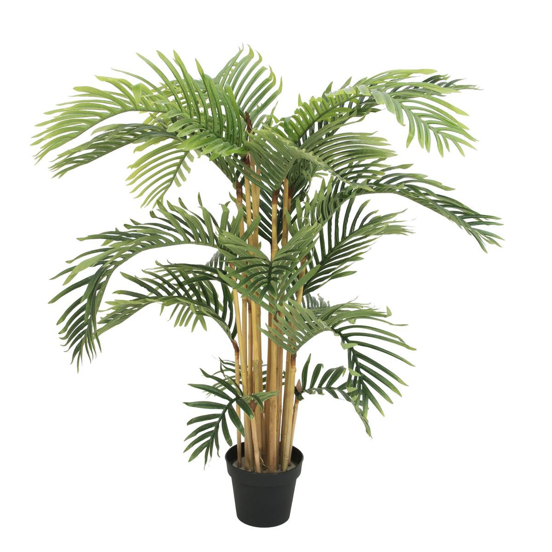 Gesamtdarstellung der künstlichen Kentia Palme 140cm im schwarzen Kunststofftopf