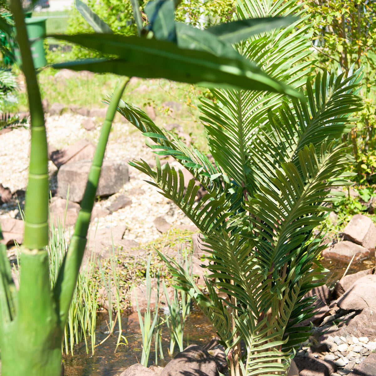 Gartenszene mit künstlicher Kentia Palme neben einem Teich