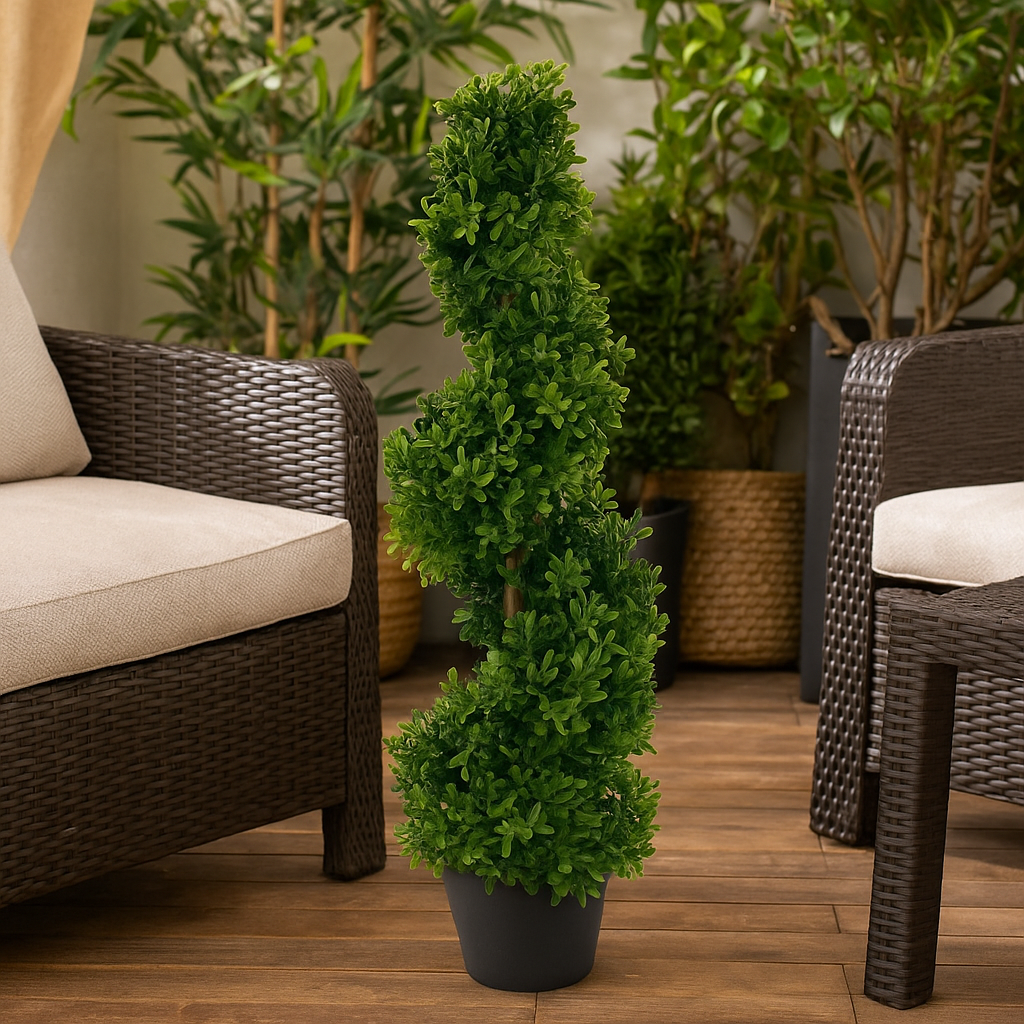 Buchsbaum 60 cm in Spiralform aus Kunststoff – pflegefreie Topiary-Pflanze fuer Garten oder Terrasse