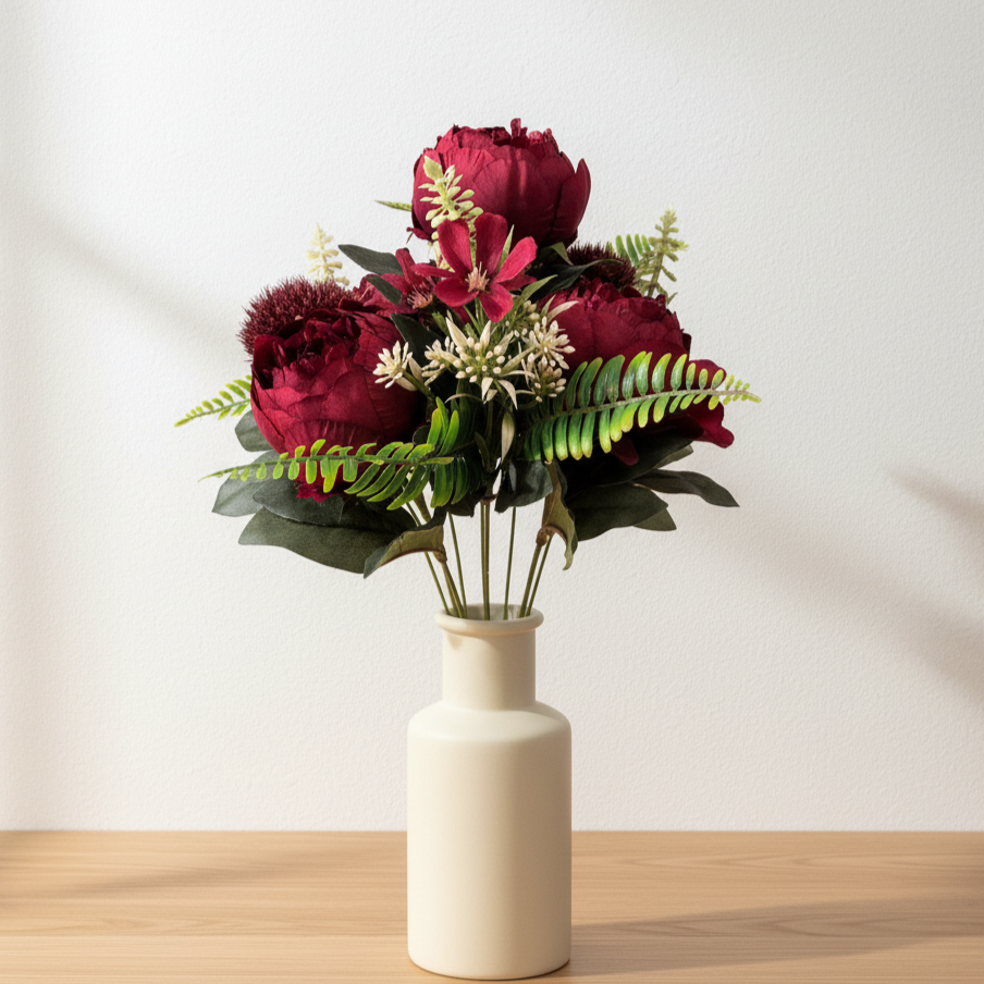 Rubra No. 48 – Künstlicherstrauß Pfingstrosen · Distel · Hortensien
