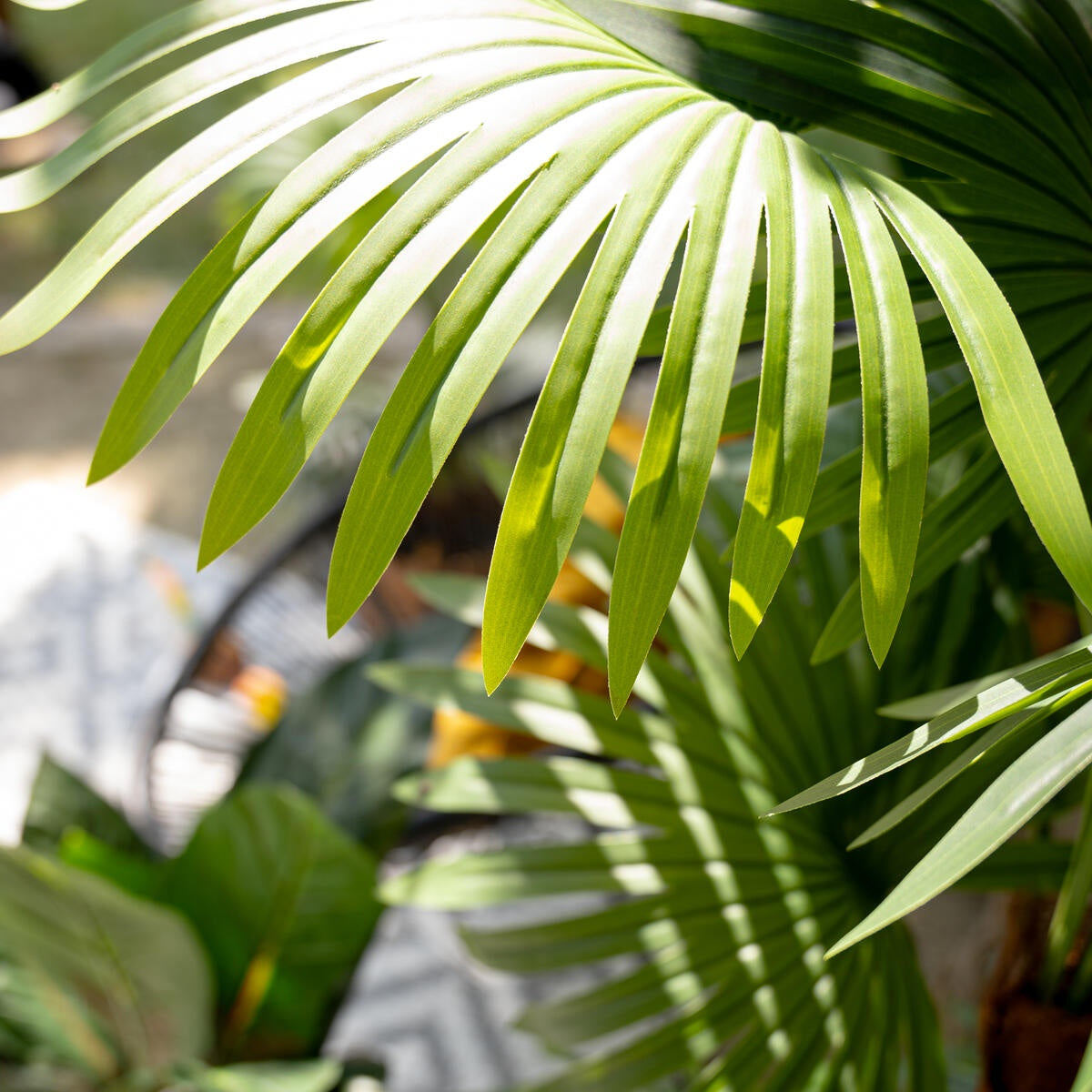 Detailansicht der künstlichen Fächerpalme 130 cm auf der Terrasse