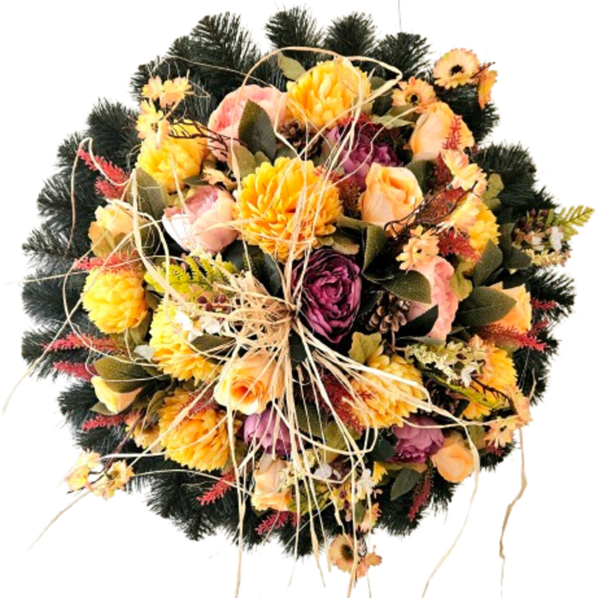 Künstlicher Rundkranz Gelb/Apricot mit Chrysanthemen, Rosen und Pfingstrosen – edle, langlebige Gedenk- und Türdeko, Gesamtansicht.
