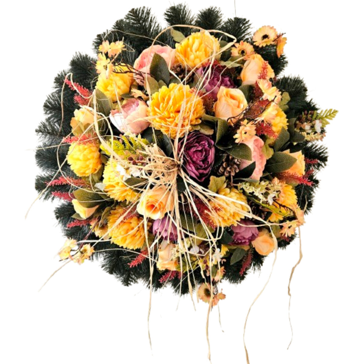 Hochwertiger künstlicher Kranz mit Chrysanthemen, Rosen und Pfingstrosen in Gelb/Apricot – naturgetreue Trauer- und Türdekoration, Frontansicht.