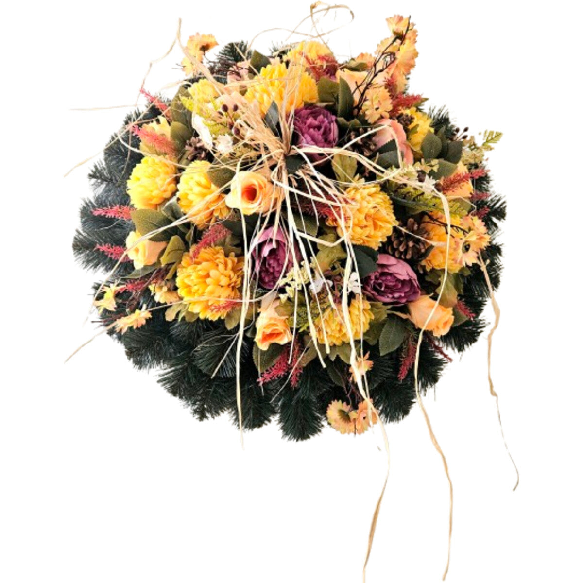 Naturgetreuer Kunstkranz in Gelb/Apricot mit Chrysanthemen, Rosen und Pfingstrosen – hochwertige, pflegeleichte Dekoration, weitere Ansicht.