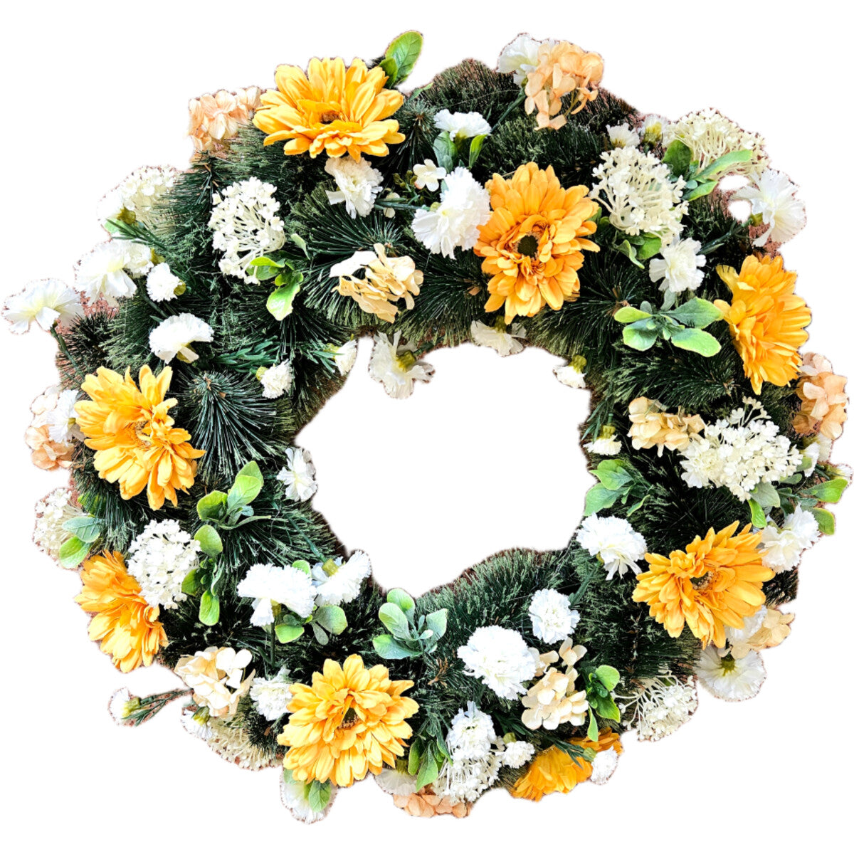Künstlicher Blumenkranz mit gelben Gerbera und weißen Hortensien, mit grünem Beiwerk – langlebige, realistische Ganzjahresdeko, Gesamtansicht.