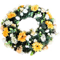 Hochwertiger künstlicher Kranz in Gelb/Weiß aus Gerbera und Hortensien mit Grün – runde, naturgetreue Tür- oder Tischdekoration, Frontansicht.