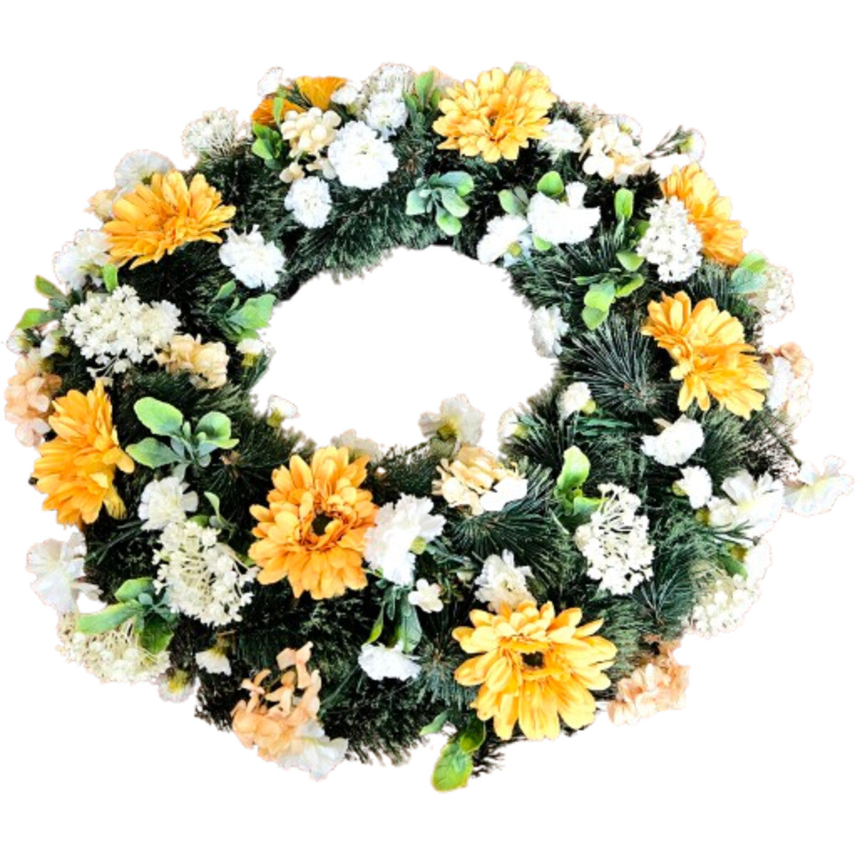 Hochwertiger künstlicher Kranz in Gelb/Weiß aus Gerbera und Hortensien mit Grün – runde, naturgetreue Tür- oder Tischdekoration, Frontansicht.