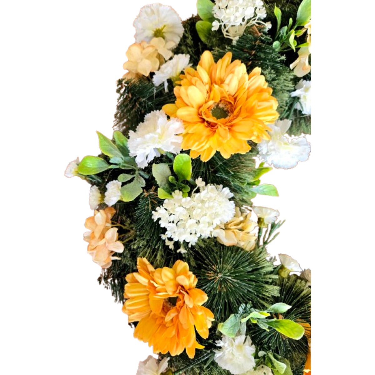 Künstlicher Kranz mit Gerbera in Gelb und weißen Hortensien, reiches Blattwerk – hochwertige, pflegeleichte Deko (Nahaufnahme).