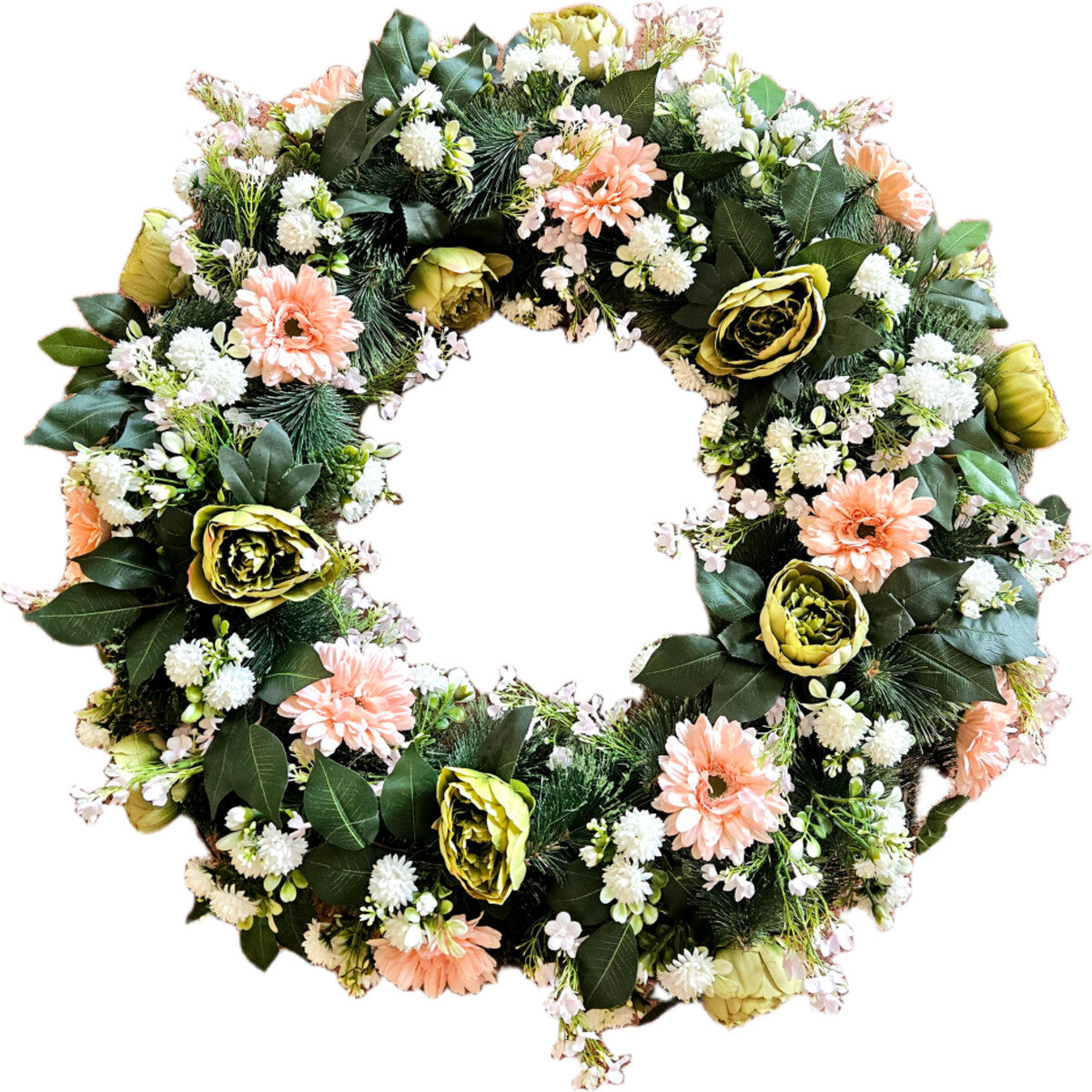 Künstlicher Blumenkranz mit Pfingstrosen und Gerbera in Rosa/Apricot – hochwertige, realistische Ganzjahresdeko, Gesamtansicht.