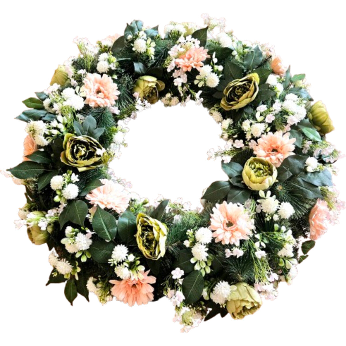 Hochwertiger künstlicher Kranz mit Pfingstrosen und Gerbera in Rosa/Apricot – naturgetreue Tür- oder Tischdekoration, Frontansicht.