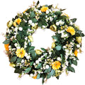 Künstlicher Kranz mit Pfingstrosen, gelben Gerbera und Sedum – hochwertige, langlebige Tür- oder Tischdeko, Gesamtansicht.