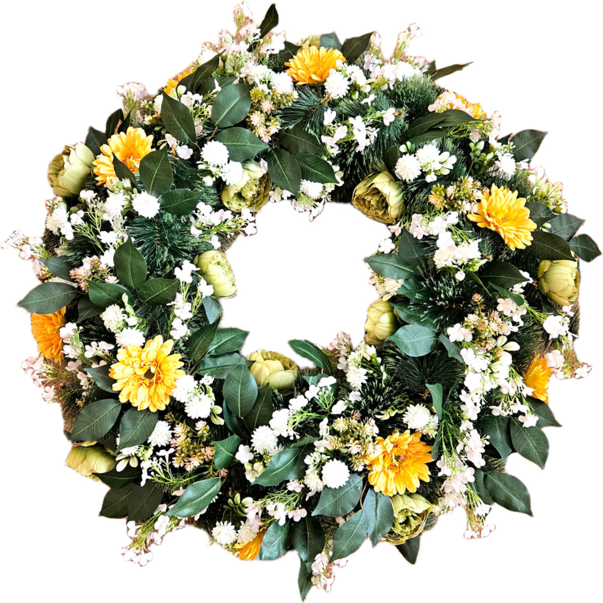 Künstlicher Kranz mit Pfingstrosen, gelben Gerbera und Sedum – hochwertige, langlebige Tür- oder Tischdeko, Gesamtansicht.