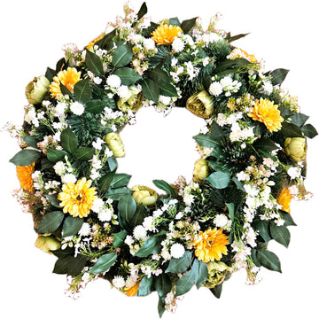 Künstlicher Kranz mit Pfingstrosen, gelben Gerbera und Sedum – hochwertige, langlebige Tür- oder Tischdeko, Gesamtansicht.