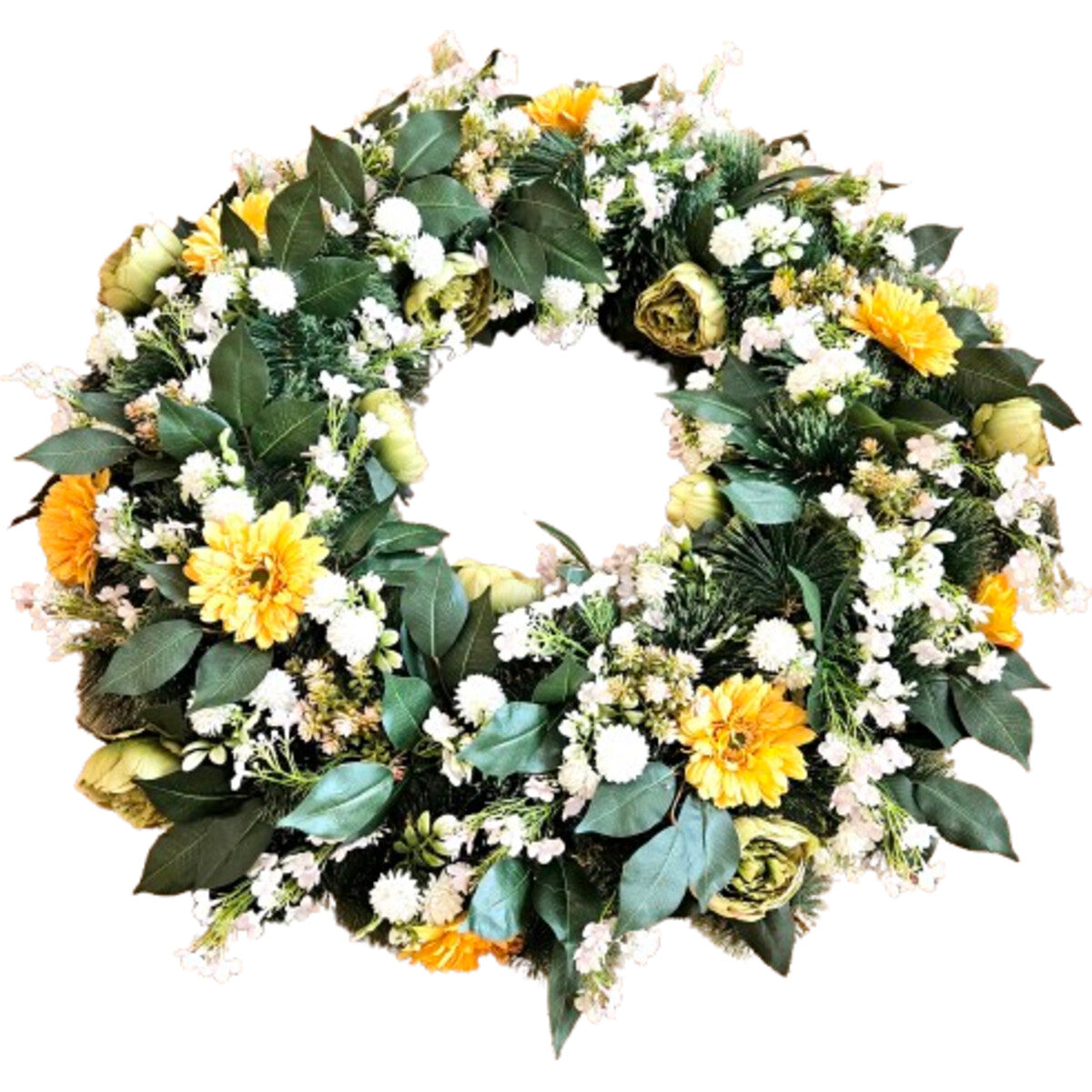 Naturgetreuer Rundkranz mit Pfingstrosen, Gerbera und Sedum in Gelb/Weiß – elegante, pflegeleichte Deko, Frontansicht.