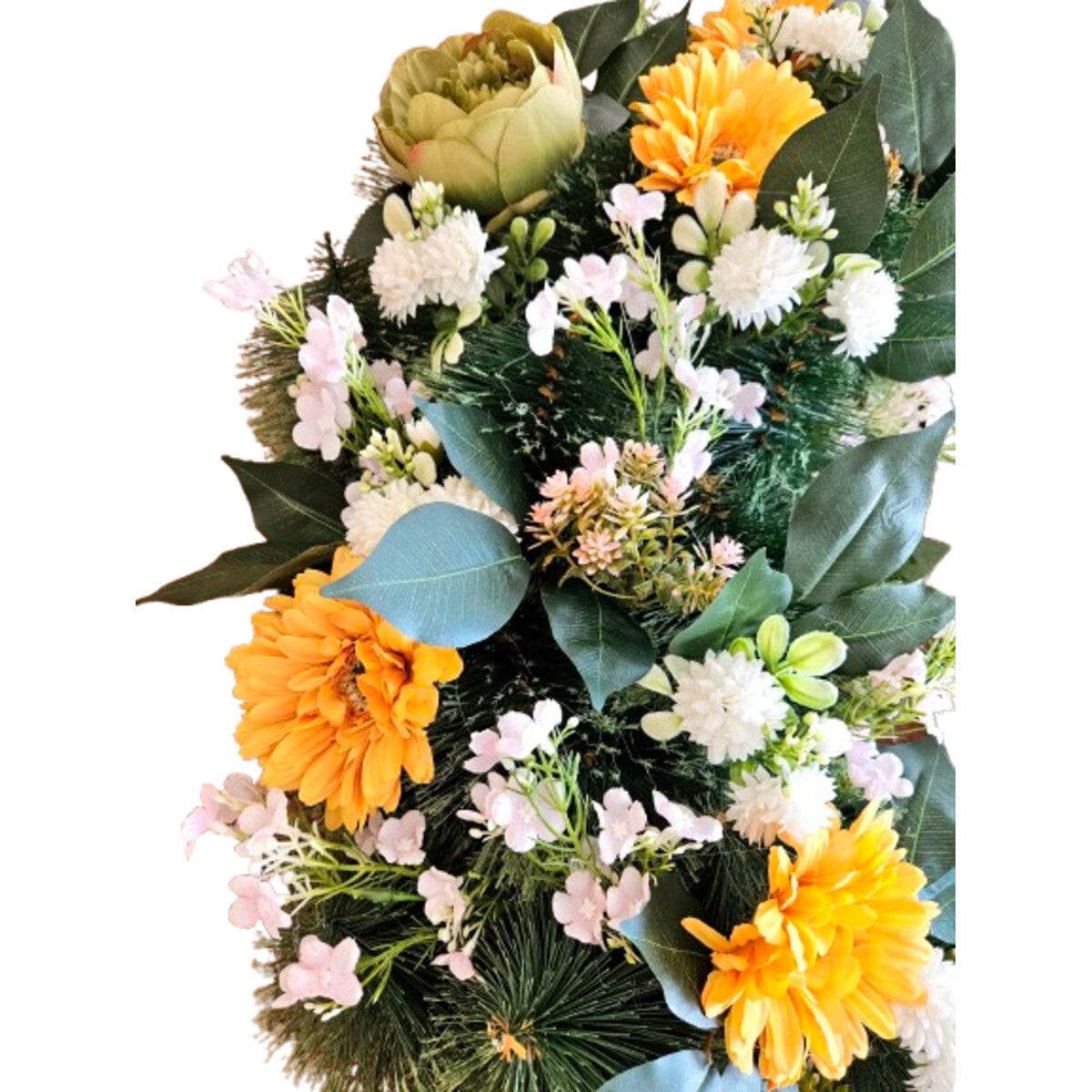 Künstlicher Blumenkranz mit Pfingstrosen, Gerbera und Sedum, Gelb/Weiß – hochwertige, realistische Ganzjahresdeko, Nahaufnahme.