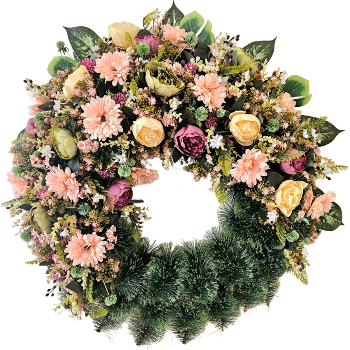 Künstlicher Blumenkranz mit Pfingstrosen, Gerbera und Sedum, Rosa/Apricot – hochwertige, realistische Ganzjahresdekoration, Gesamtansicht.
