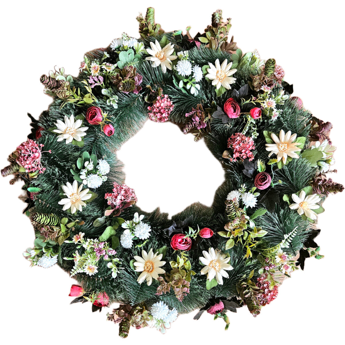 Künstlicher Blumenkranz mit Ranunkeln und Gänseblümchen, Rosa/Weiß – hochwertige, realistische Ganzjahresdeko, Gesamtansicht.
