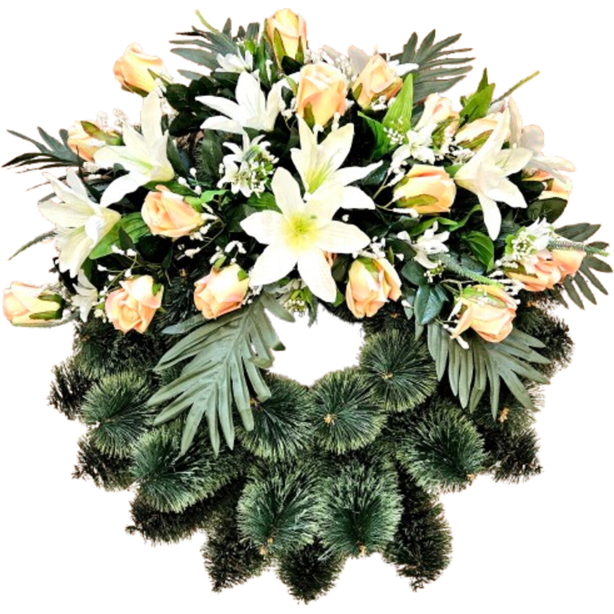 Naturgetreuer Kranz aus Rosen und Lilien mit Palmblättern in Weiß/Apricot – hochwertige, pflegeleichte Deko, Gesamtansicht.