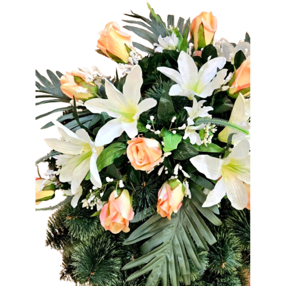 Künstlicher Kranz mit Rosen, Lilien und Palmblättern in Weiß/Apricot – edle, realistische Seidenblumen, Nah-/Seitenansicht.