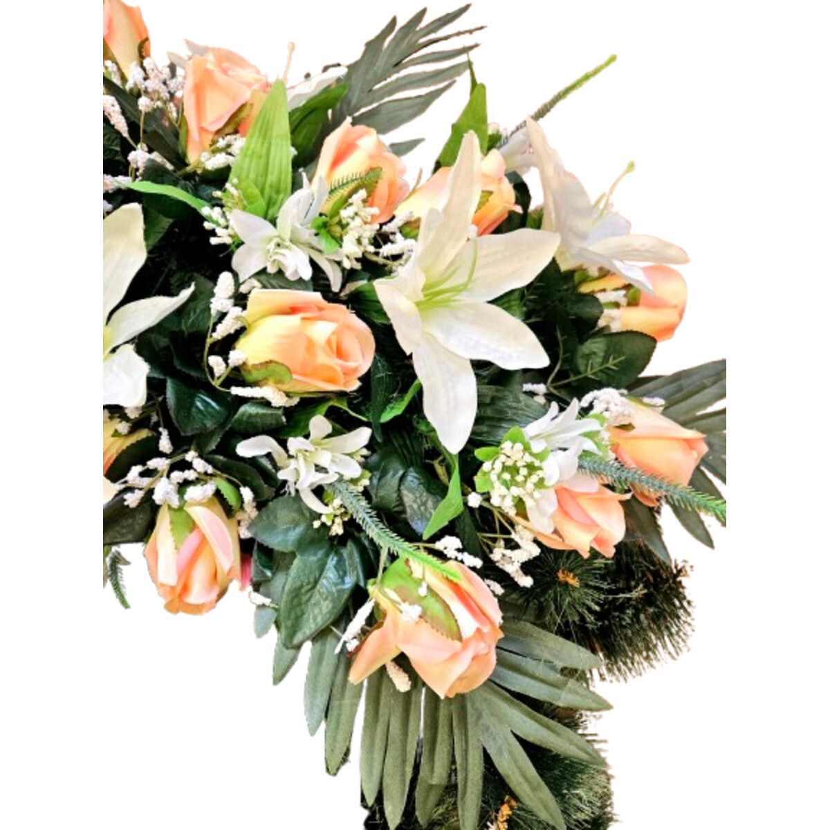 Detailansicht: künstlicher Kranz mit weißen Lilien, apricotfarbenen Rosen und Palmblättern – hochwertige, naturgetreue Tür- oder Tischdekoration.