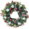 Naturgetreuer künstlicher Kranz aus Rosen, Gänseblümchen und Disteln, Rosa/Weiß – dichter, hochwertiger Rundkranz, Gesamtansicht.