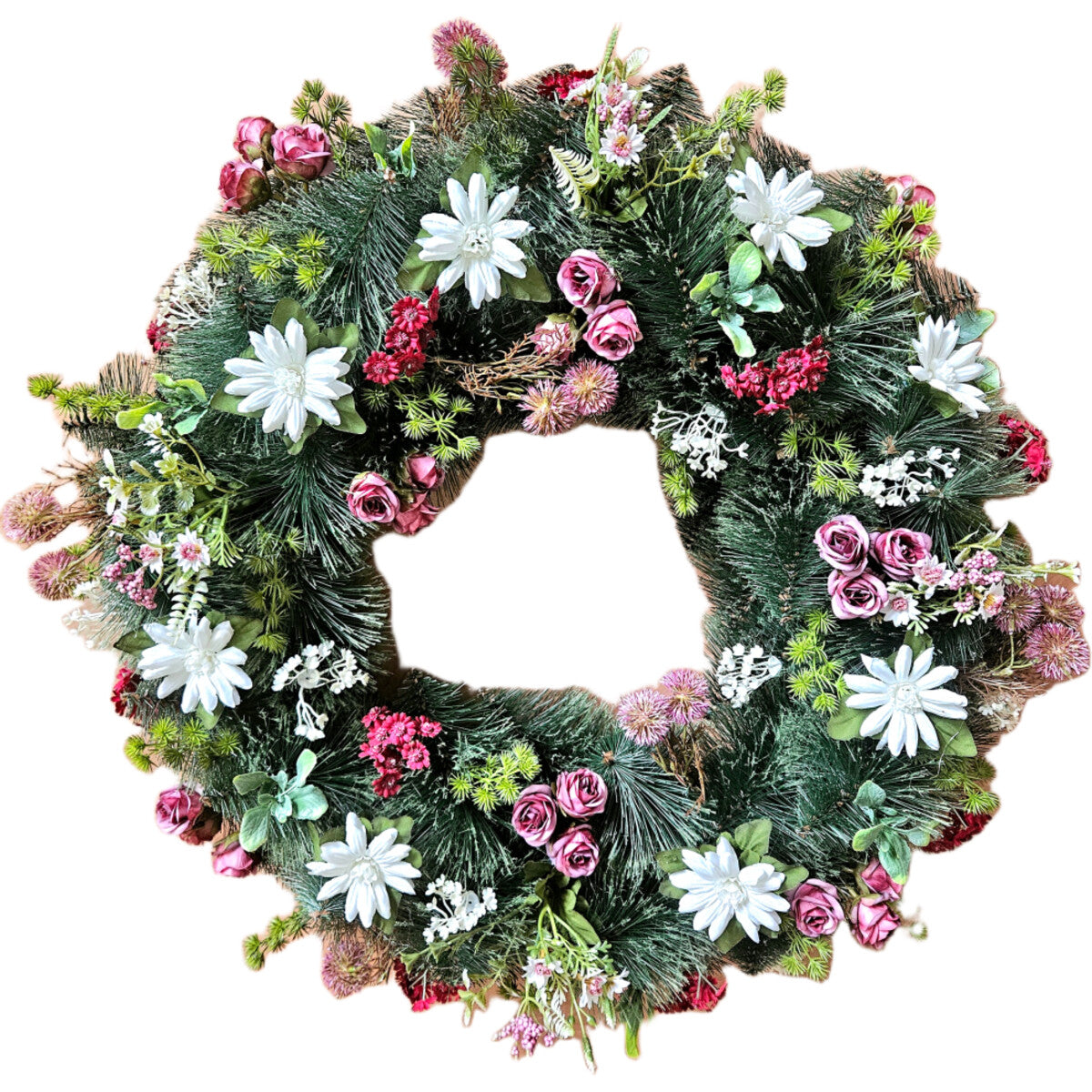 Naturgetreuer künstlicher Kranz aus Rosen, Gänseblümchen und Disteln, Rosa/Weiß – dichter, hochwertiger Rundkranz, Gesamtansicht.
