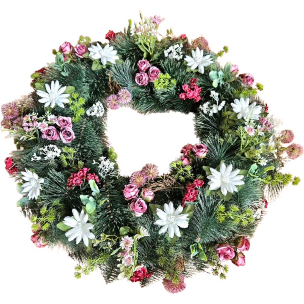 Künstlicher Blumenkranz mit Rosen, Gänseblümchen und Disteln in Rosa/Weiß – hochwertige, realistische Ganzjahresdeko, Frontansicht.