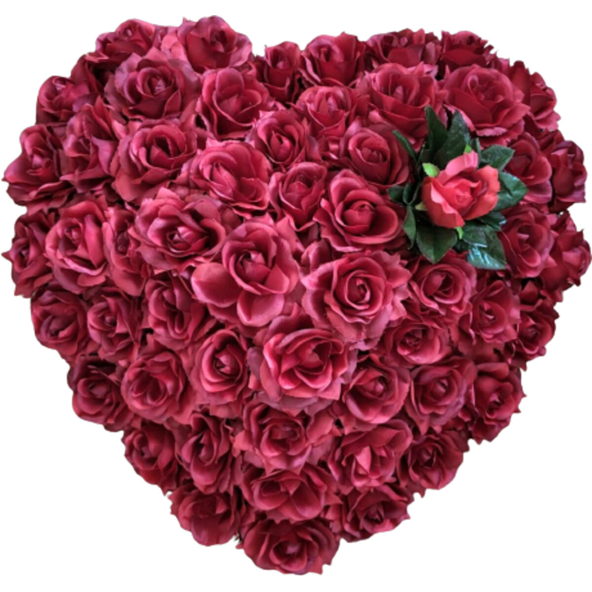 Hochwertiger künstlicher Herzkranz 55×55 cm aus dunkelroten Rosen – naturgetreues, dicht gebundenes Blumenherz, Frontansicht.
