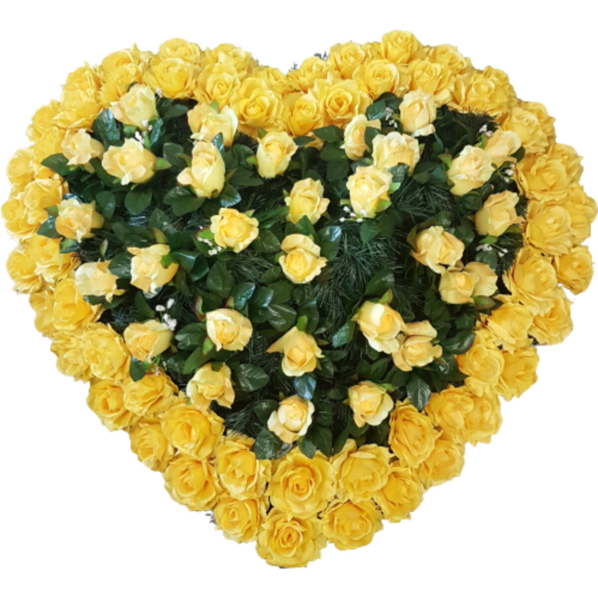 Künstlicher Herzkranz 80×80 cm mit gelben Rosen – hochwertige, realistische Seidenblumen, Frontansicht.