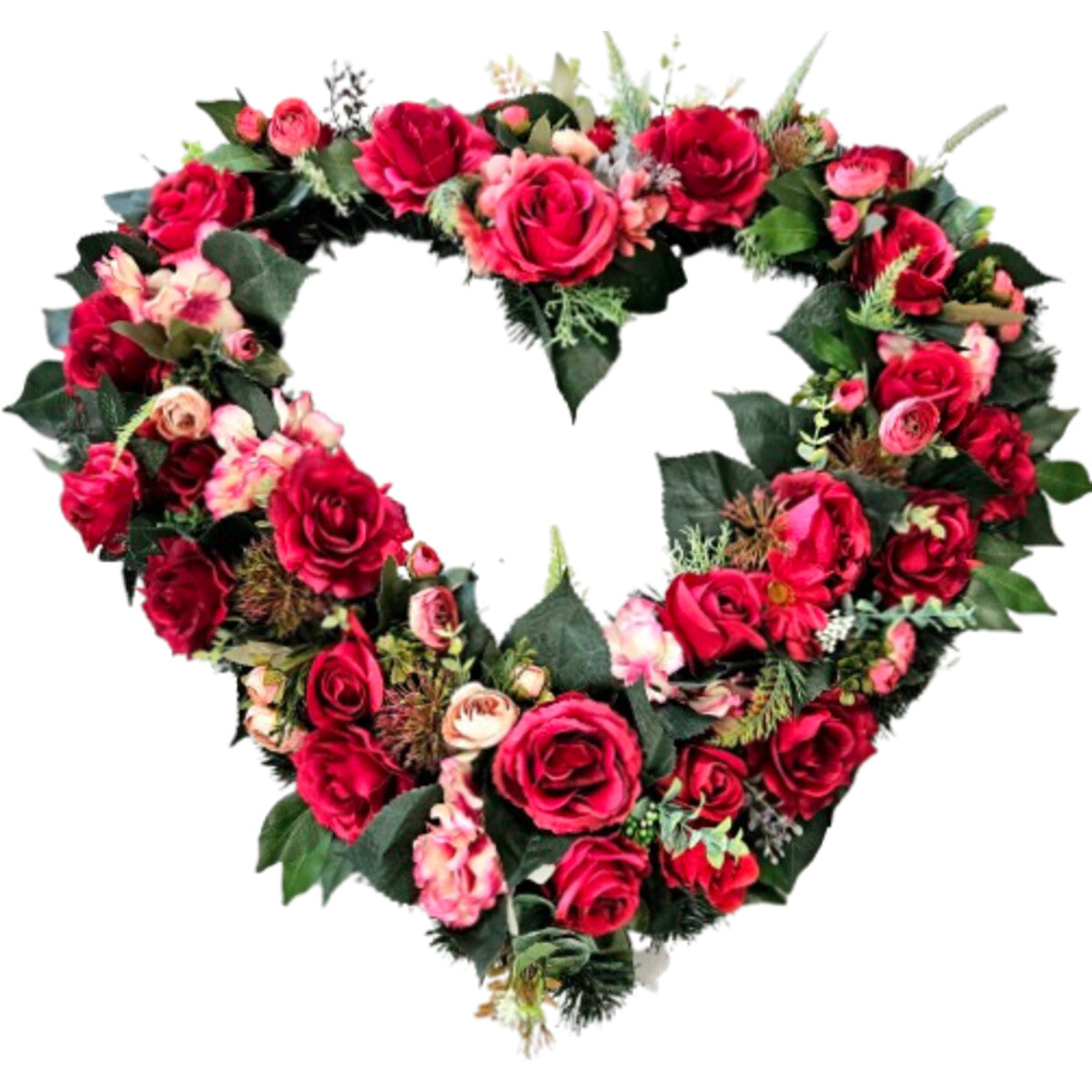 Dicht gebundener Herzkranz mit roten Rosen, künstlich – elegante, langlebige Dekoration, Gesamtansicht.