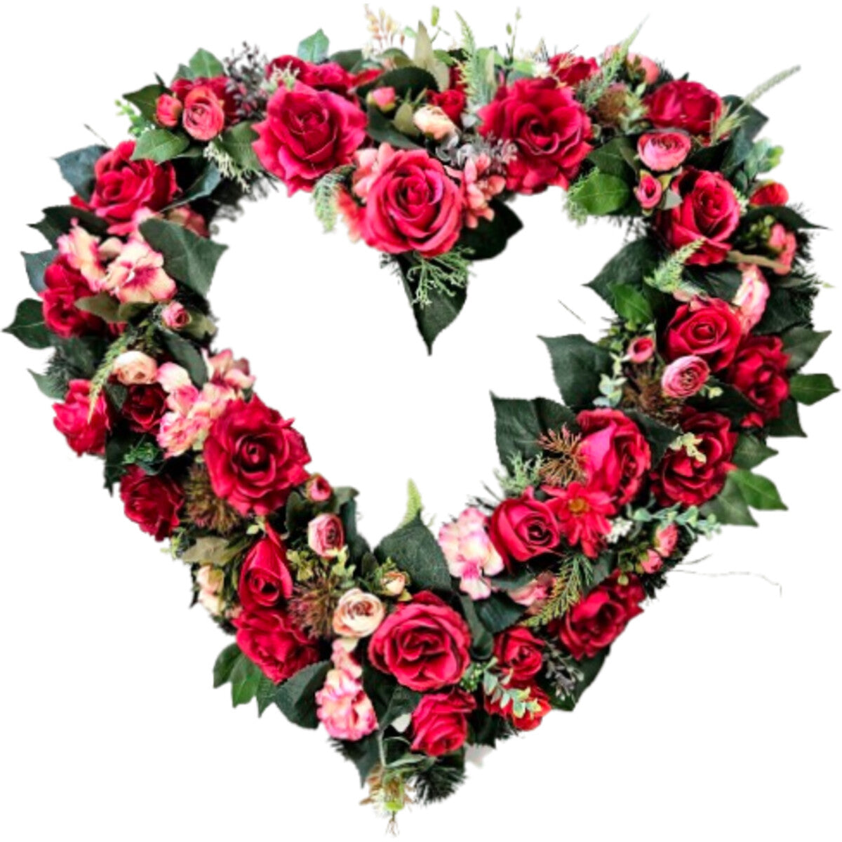 Hochwertiger künstlicher Herzkranz aus roten Rosen mit grünem Beiwerk – naturgetreue Blumenherz-Deko, Frontansicht.