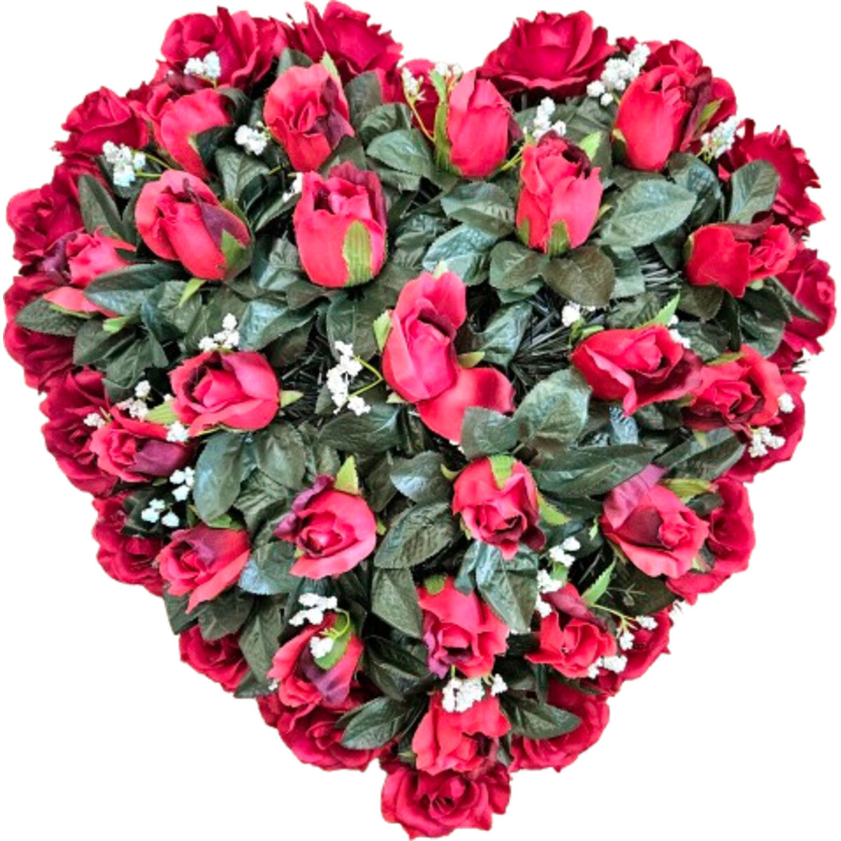 Hochwertiger künstlicher Herzkranz 55×55 cm aus roten Rosen mit Blattwerk – naturgetreue Blumenherz-Dekoration, Frontansicht.