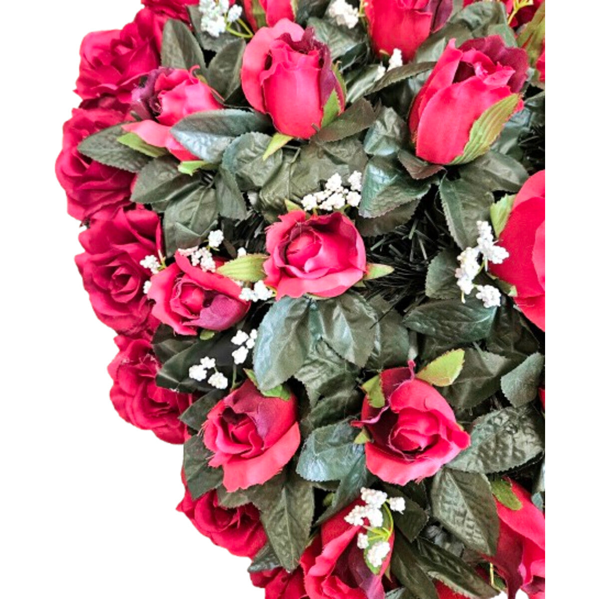 Künstlicher Rosen-Herzkranz 55×55 cm in Rot – dichte, realistische Seidenrosen mit Grün, Detail-/Nahaufnahme.
