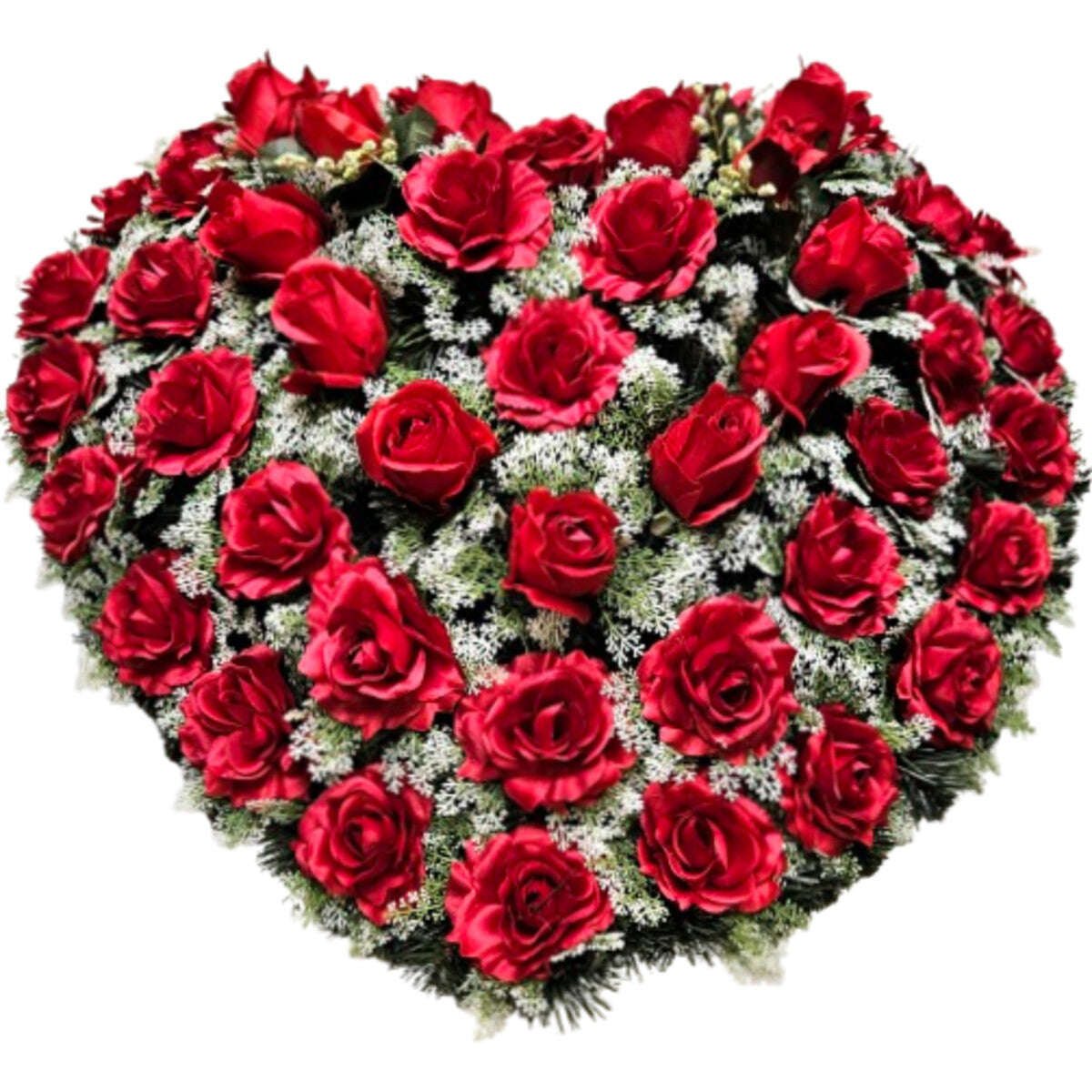 Hochwertiger künstlicher Herzkranz aus roten Rosen – naturgetreue, dichte Blumenherz-Dekoration, Frontansicht.