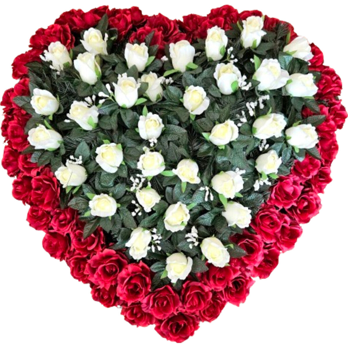 Hochwertiger künstlicher Herzkranz 80×80 cm aus roten und weißen Rosen – zweifarbiges Blumenherz, Frontansicht.