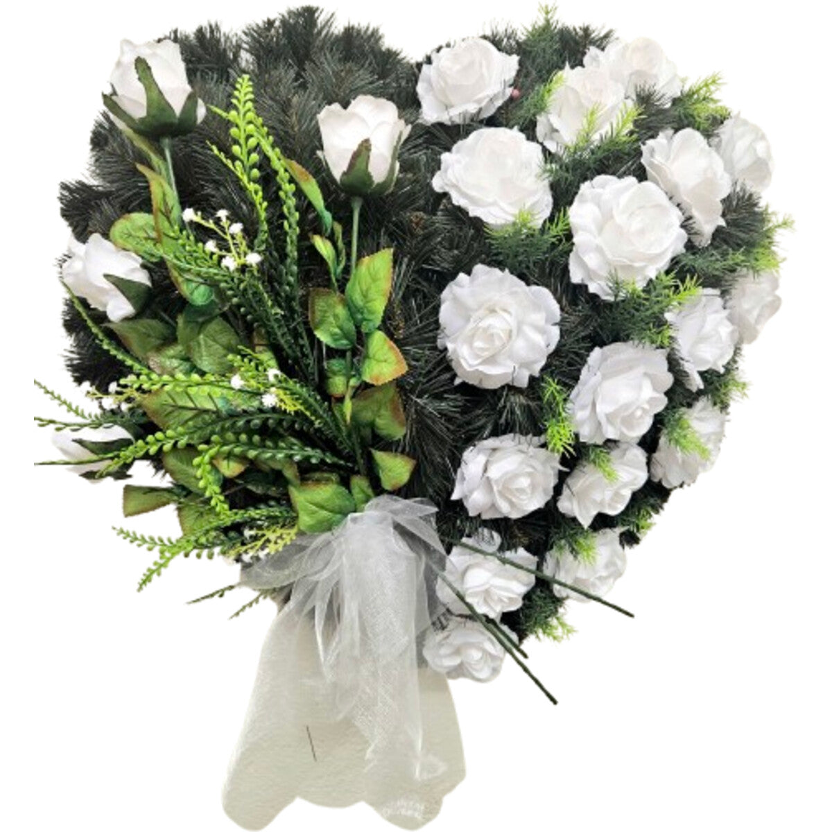 Hochwertiger künstlicher Herzkranz 65×65 cm aus weißen/cremefarbenen Rosen mit grünem Beiwerk – naturgetreue Blumenherz-Deko, Gesamtansicht.