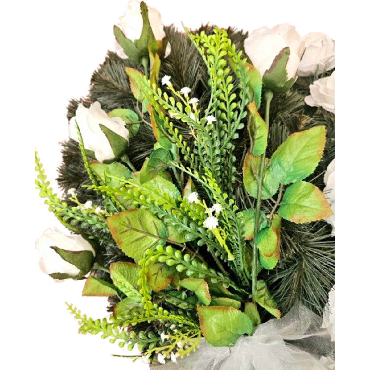 Künstlicher Rosen-Herzkranz 65×65 cm in Weiß/Creme mit dichtem Blattwerk – hochwertige, realistische Seidenblumen, Detailansicht.