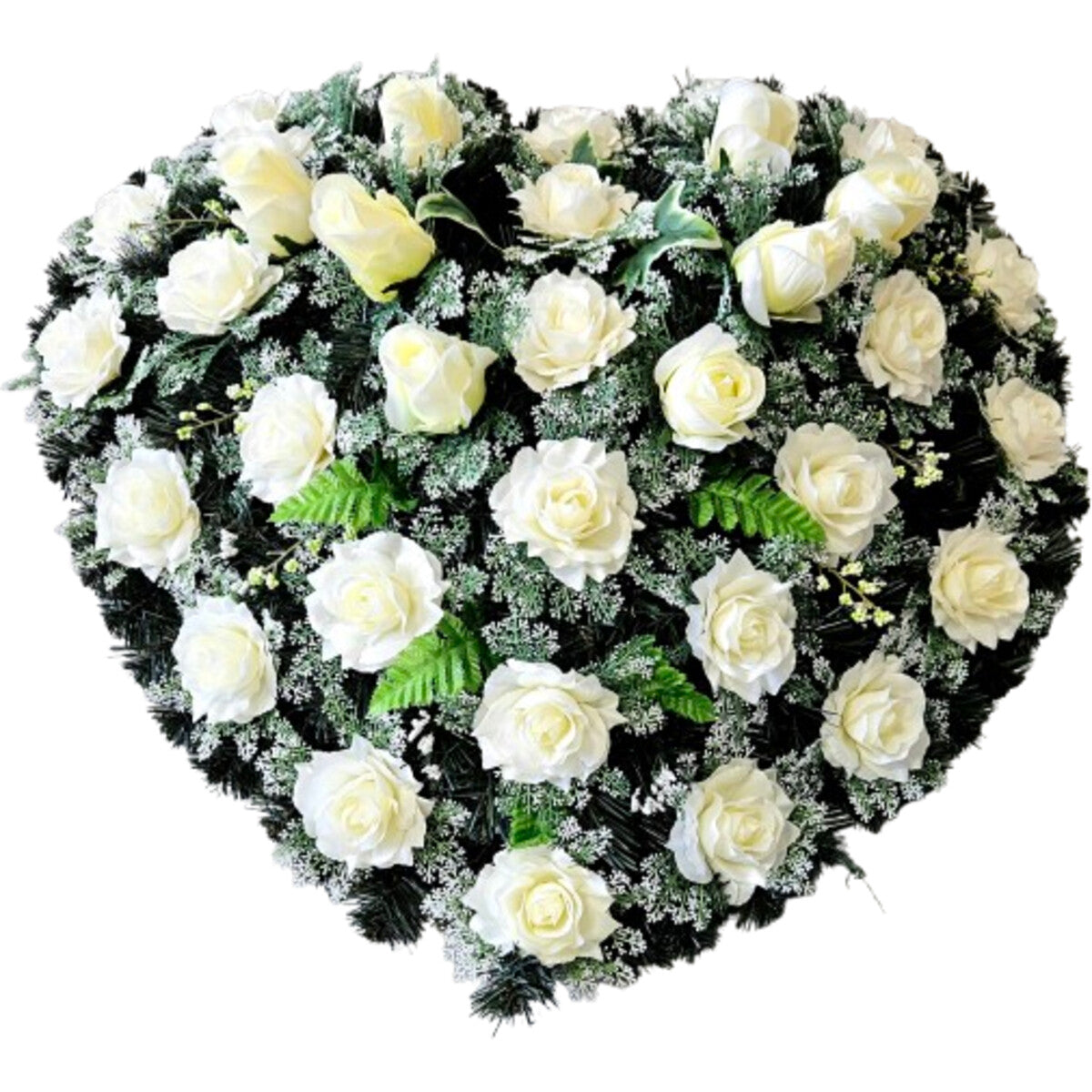 Künstlicher Rosen-Herzkranz in Weiß/Creme – dichte, realistische Seidenblumen in Herzform, Front-/Gesamtansicht.