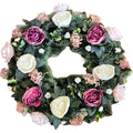 Künstlicher Blumenkranz mit Rosen, Pfingstrosen und Hortensien in Rosa/Creme – naturgetreue, langlebige Tür- oder Tischdeko, Gesamtansicht.