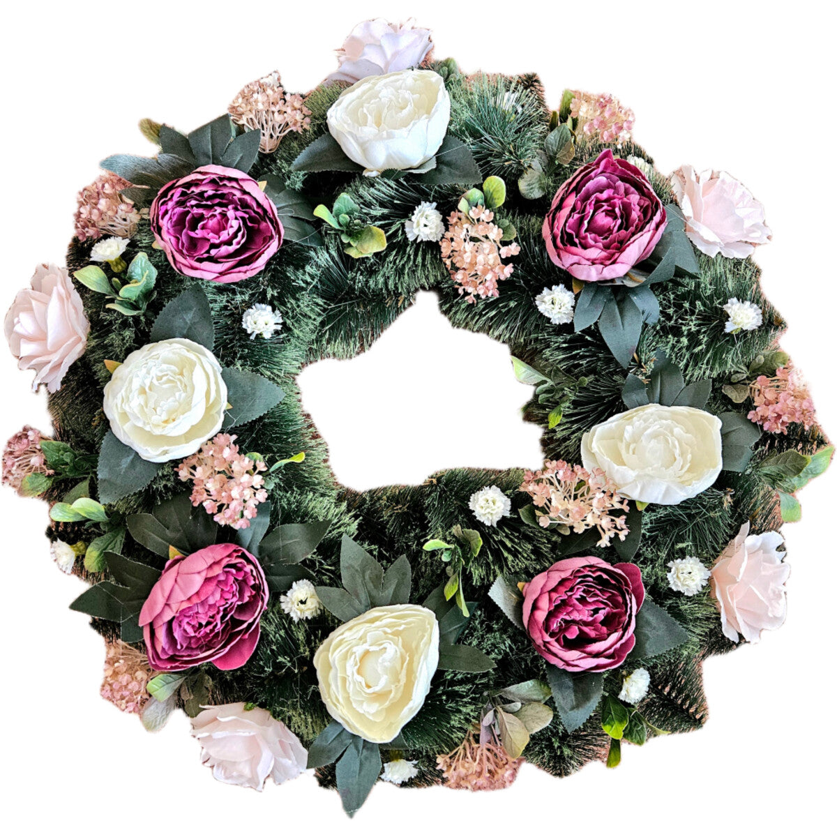 Künstlicher Blumenkranz mit Rosen, Pfingstrosen und Hortensien in Rosa/Creme – naturgetreue, langlebige Tür- oder Tischdeko, Gesamtansicht.