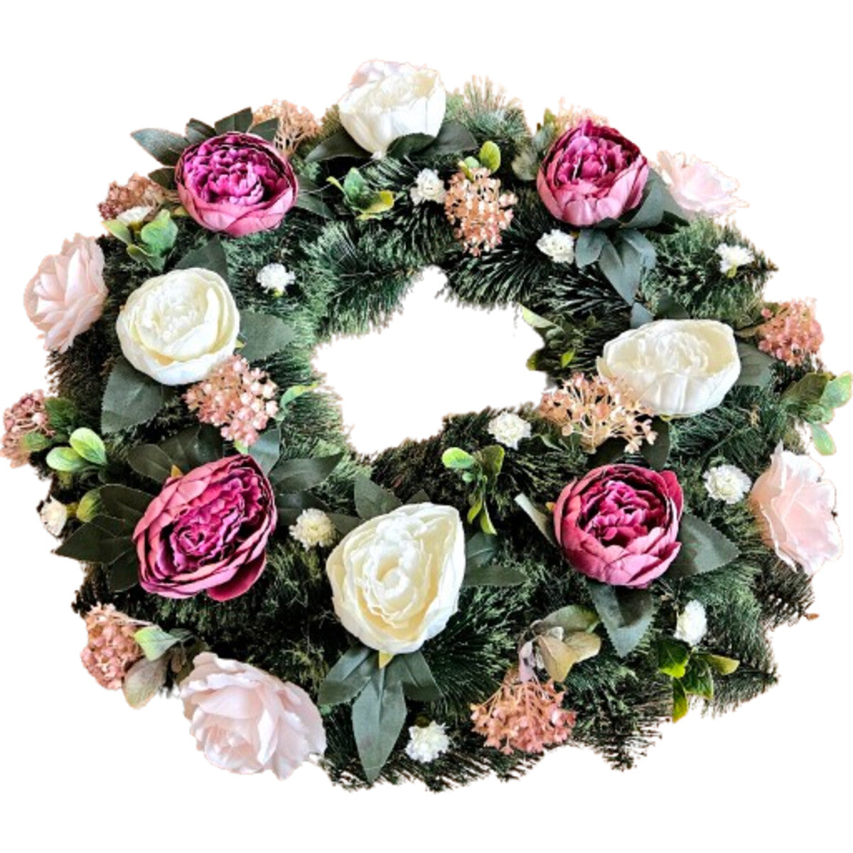 Hochwertiger künstlicher Kranz aus Rosen, Pfingstrosen und Hortensien in Rosa/Creme – üppiger, runder Deko-Kranz mit grünem Beiwerk, Frontansicht.