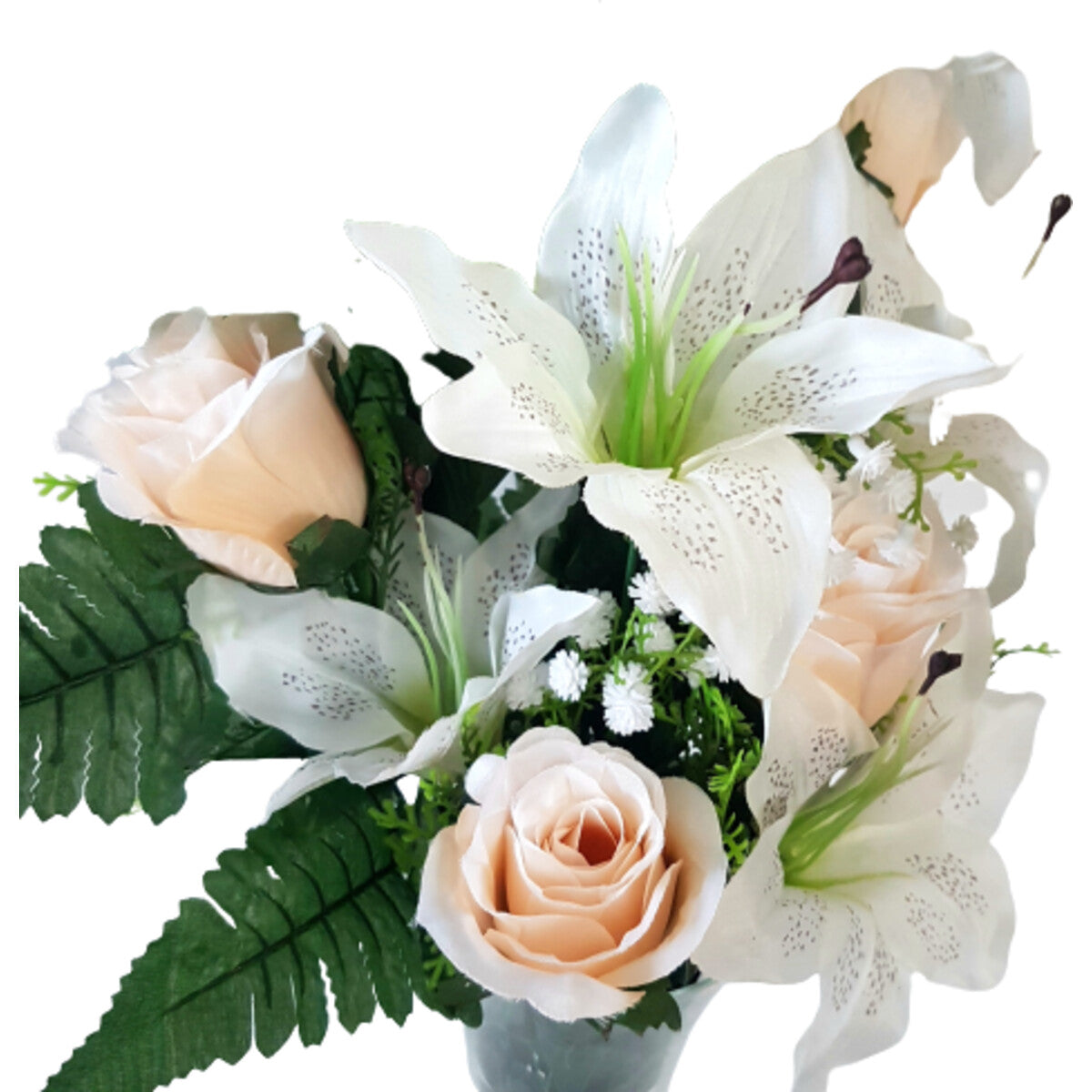 Detailansicht: künstlicher Blumenstrauß Apricot/Creme mit Rosen und Lilien, mit Vase – edle, naturgetreue Seidenblumen.