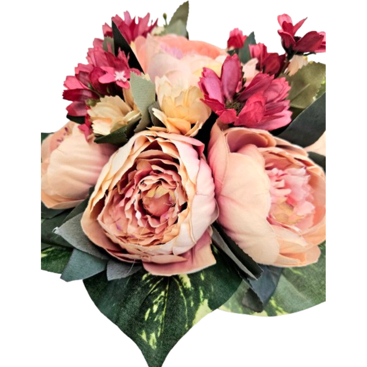 Detail: hochwertiger Kunstblumen-Strauß mit Mohnblumen und Pfingstrosen in Apricot, mit Vase – langlebige Tischdekoration.