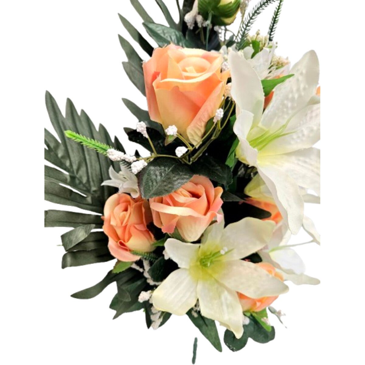 Hochwertiger künstlicher Blumenstrauß in Apricot/Peach mit Rosen und Lilien, mit Vase – naturgetreue Seidenblumen, Frontansicht.