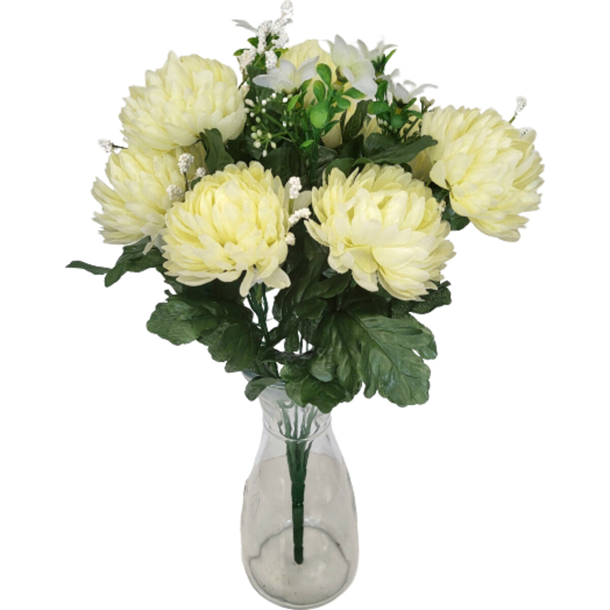 Hochwertiger künstlicher Blumenstrauß mit Chrysanthemen in Creme, mit Vase – naturgetreue Seidenblumen, Frontansicht.