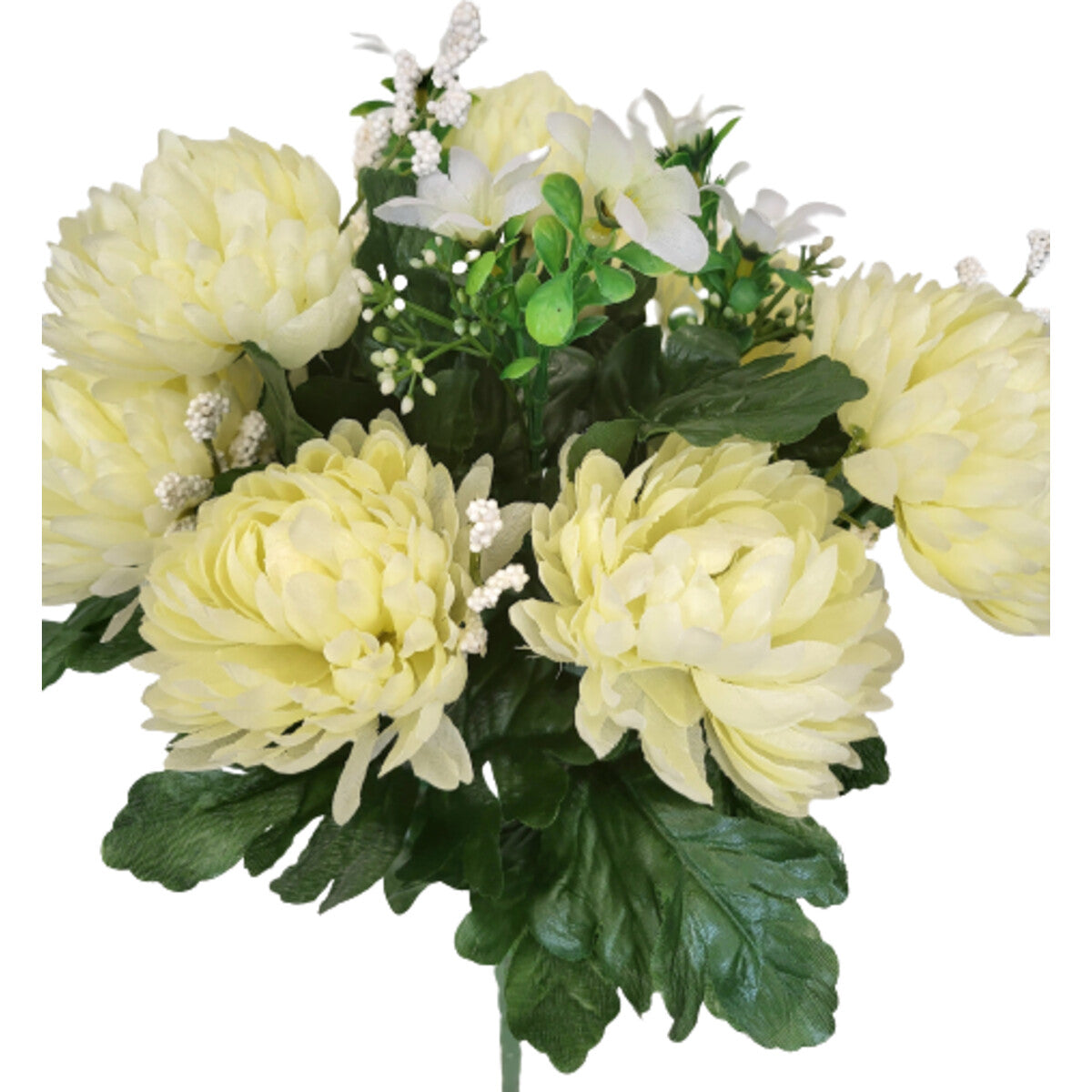 Künstlicher Chrysanthemen-Strauß in Creme, mit Vase – hochwertige, realistische Dekoblumen, Detail/Gesamtansicht.