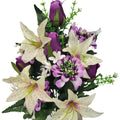Hochwertiger künstlicher Blumenstrauß in Creme/Lila mit Lilien, Rosen und Dahlien, mit Vase – naturgetreue Seidenblumen, Frontansicht.