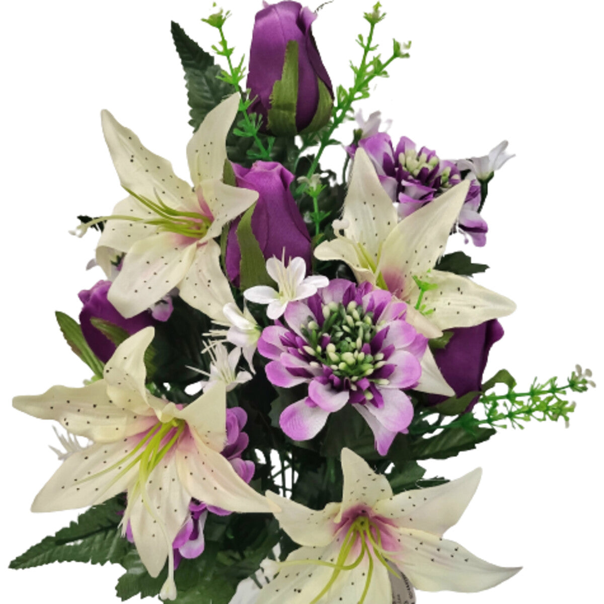 Hochwertiger künstlicher Blumenstrauß in Creme/Lila mit Lilien, Rosen und Dahlien, mit Vase – naturgetreue Seidenblumen, Frontansicht.