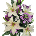 Detailansicht: künstlicher Blumenstrauß in Creme/Lila mit Lilien, Rosen und Dahlien, mit Vase – elegante, langlebige Tischdekoration.